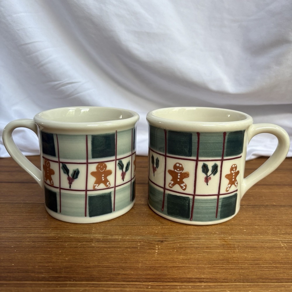 Hartstone 1982 Gingerbread Plaid Christmas Mugs Set of 2 USA